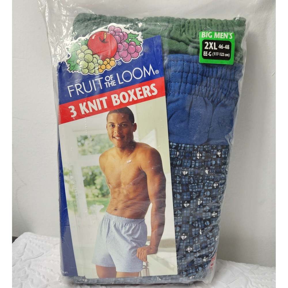 Fruit of the Loom 3 Knit Boxers Men‎ 2XL Green Blue Print Big Men New 3P534X